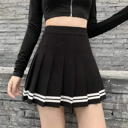High-waist Stripe Pleated Black Skirts - Image 3