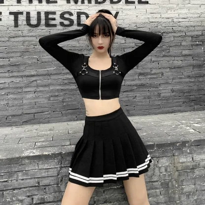 High-waist Stripe Pleated Black Skirts - Image 4