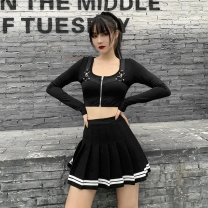 High-waist Stripe Pleated Black Skirts - Image 5
