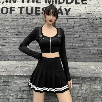 High-waist Stripe Pleated Black Skirts - Image 6