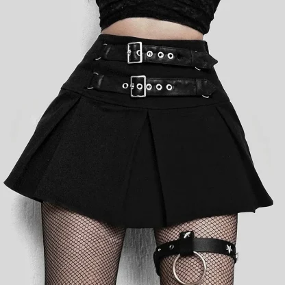 Double Belt Pleated Black Skirt - Image 3