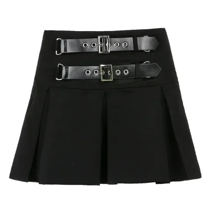 Double Belt Pleated Black Skirt - Image 6