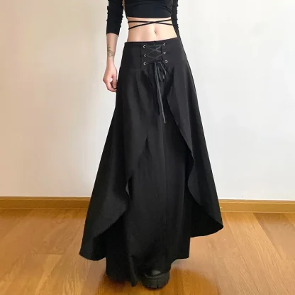 Long Lace-up Black Skirt - Image 2