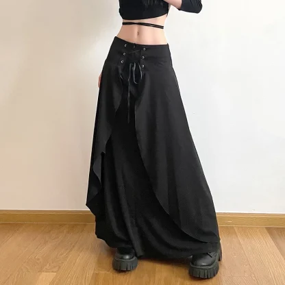 Long Lace-up Black Skirt - Image 3